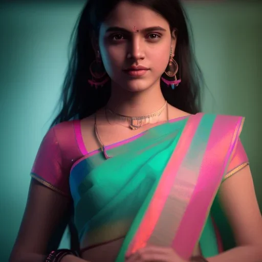 full photo of a girl in saree in dark room with neon light ,hyperrealistic,detailed,8k,cinematic