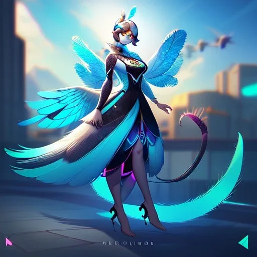 A bird fursona, Furry art, Digital art, cyberpunk, High quality, Backlighting, female, anthropomorphic, full body portrait, 8k resolution, bird tail, Realistic, high quality, great details, within portrait, masterpiece, best quality, detailed outfit, vibrant colors, perfect eyes, feathery, human body, robotic arm, sfw, highly detailed face, perfectly drawn, Taloned feet