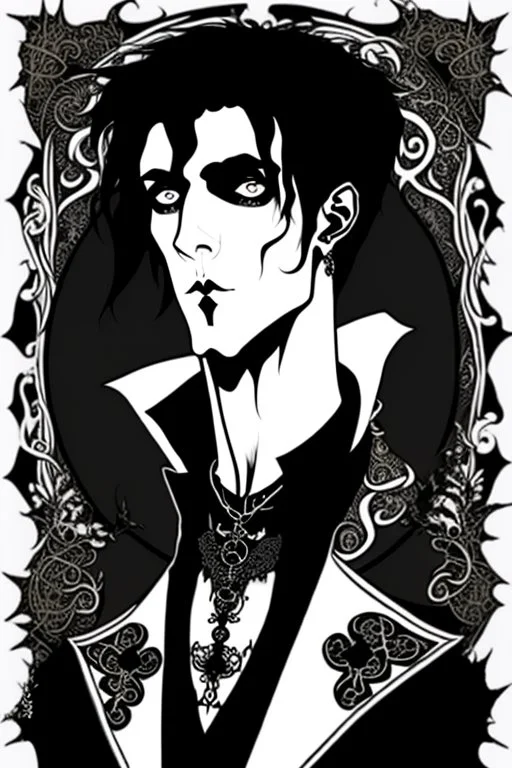 goth male necromancer with black hair and gothic jewelry in the style of Aubrey Beardsley