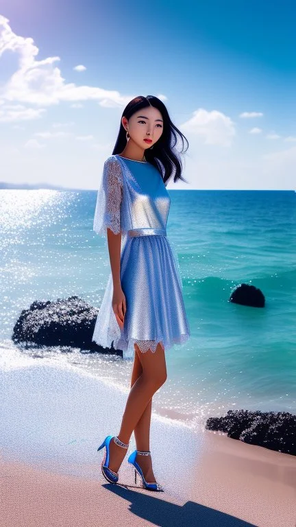 very nice real face beautiful Woman with make up at the beach standing pose in a short lace dark blue and silver dress, full body, 3D coudy sky volumetric nice clouds 8k sharp focus