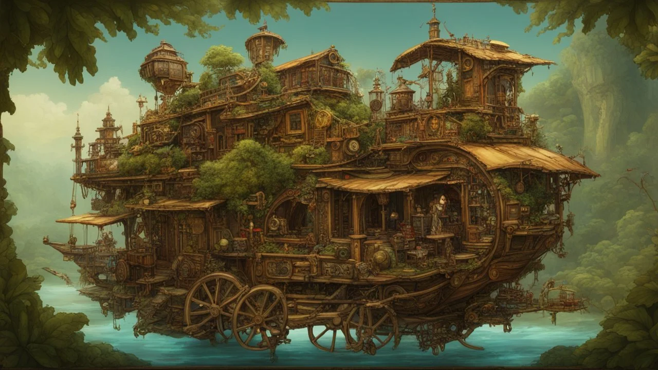 steampunk gipsy caravan crossed with a boat flying high over a jungle with platforms, verandas, and people, cogs, pullys, intricate