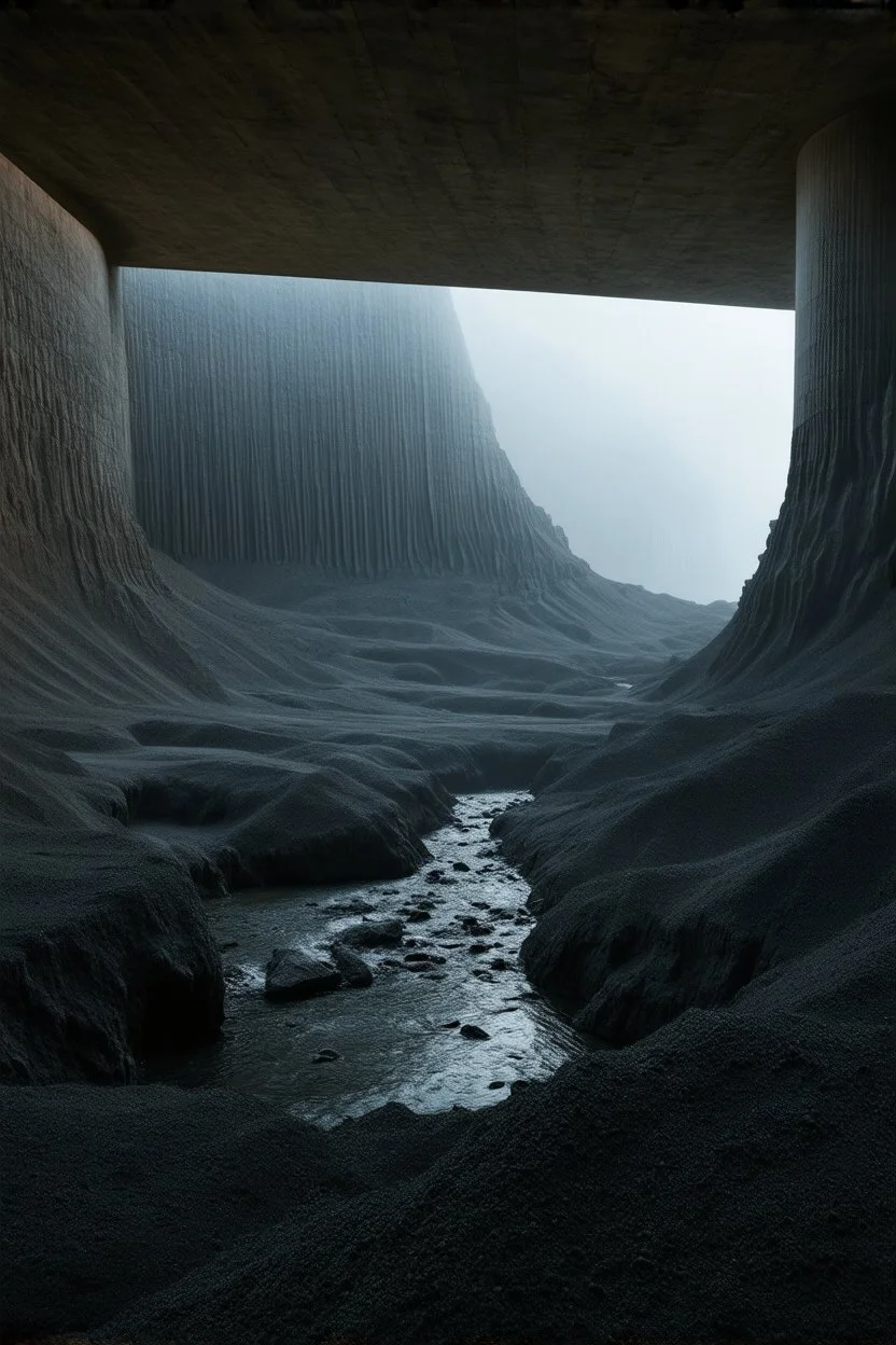 Photograph, NO PEOPLE, a mass of terrain, giant museum space, trees, pillars, high walls, high peak in a room, rag, powder, brook, sediments, deflagration of the background, geological formation, light, architecture, minimalist, details of the terrain very accentuated, 8k, deep 3d field, sharp, brutalist, hasselblad h6d400c --ar 85:128 --v 6.0, enhanced rocks, enhanced terrain, enhanced water