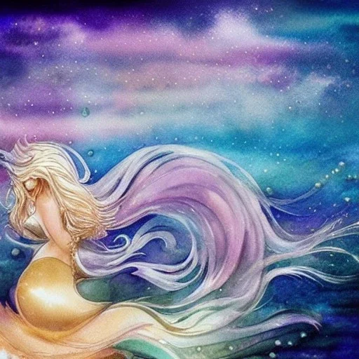 watercolor fantasy open sea waves mermaid curls pearls sky pearls gold glitter liquify