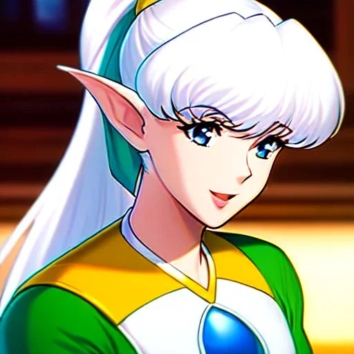 Clear focus, 8k, Elf, 80s style, White hair, ponytail, hair in between the eyes, up close,