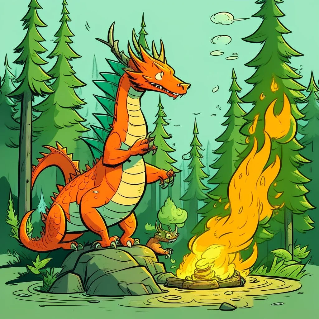 dragon breathing fire fighting with a cat in the forest