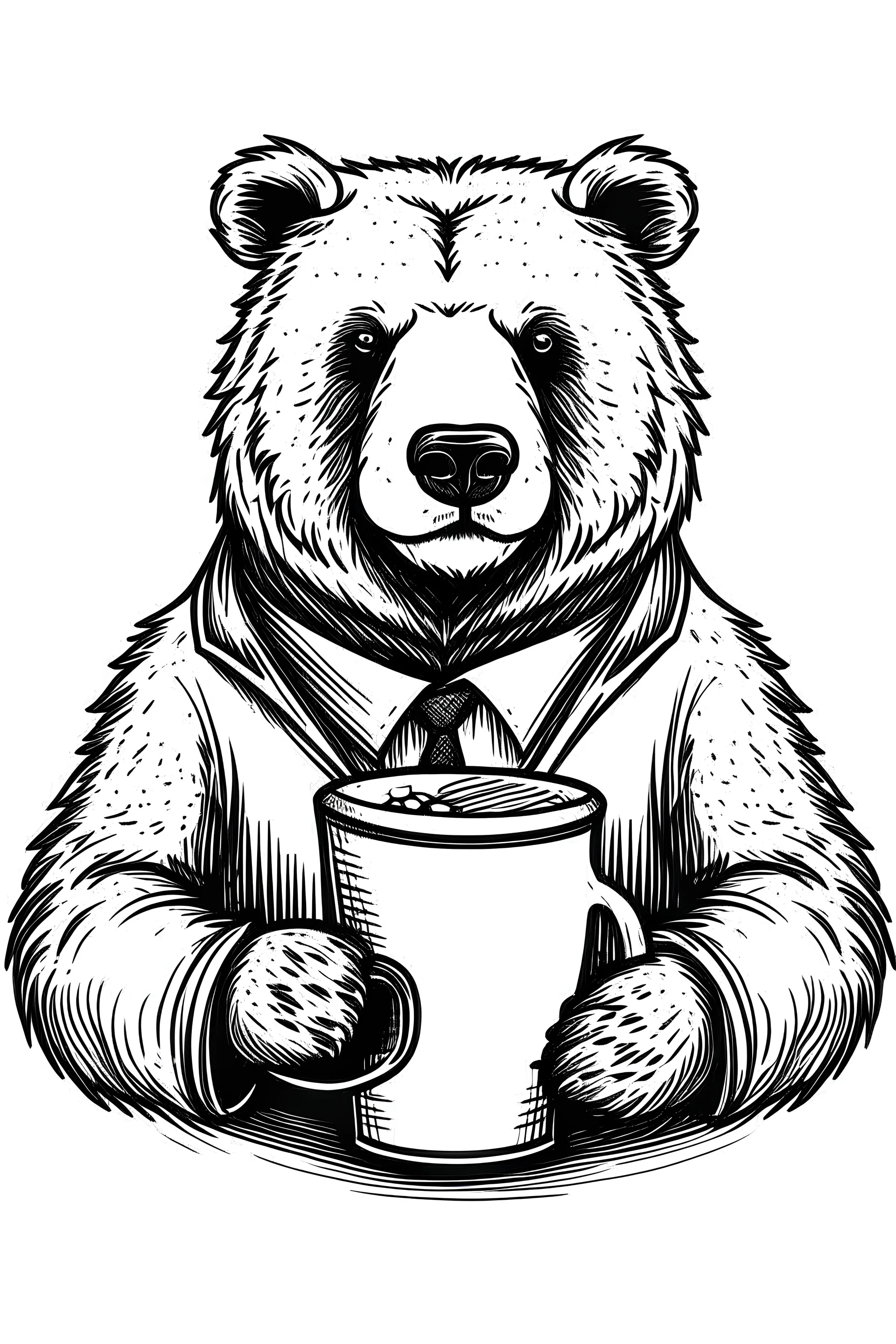 Office bear holding delicious cup of coffee, vector black & white