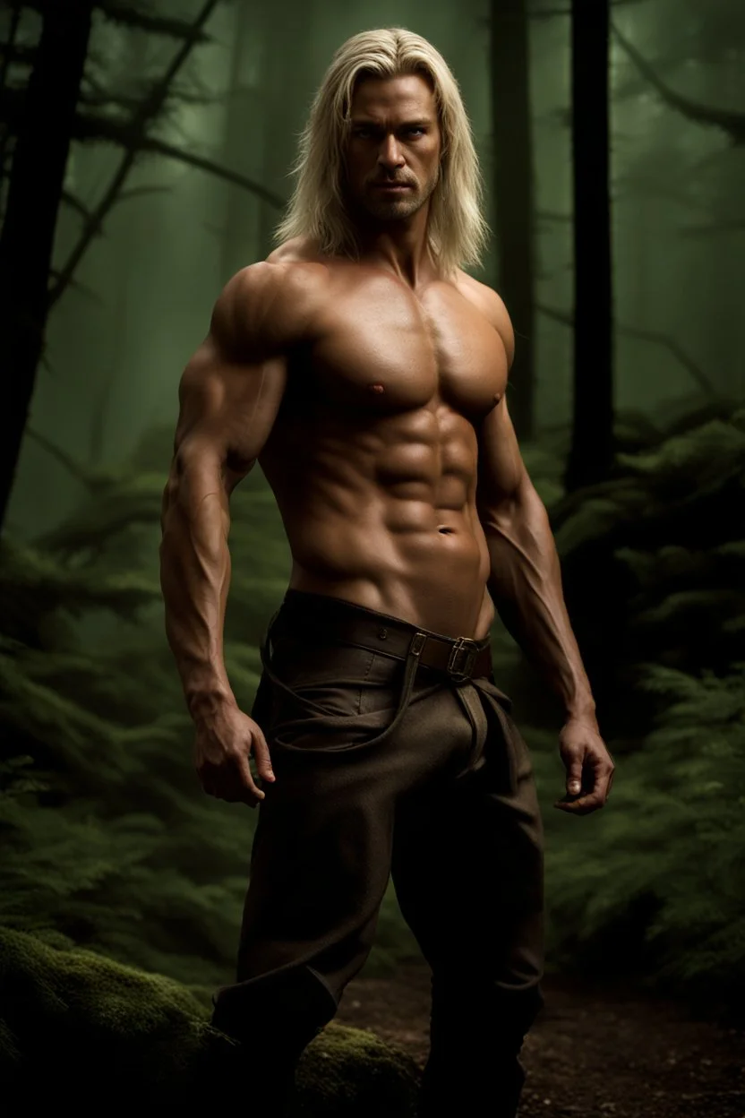 Tall, very muscular man, heavy set, aged 35 with light shaggy hair which falls around his shoulders, blonde neatly trimmed beard, bare chested, photorealistic, dark fantasy, forest.