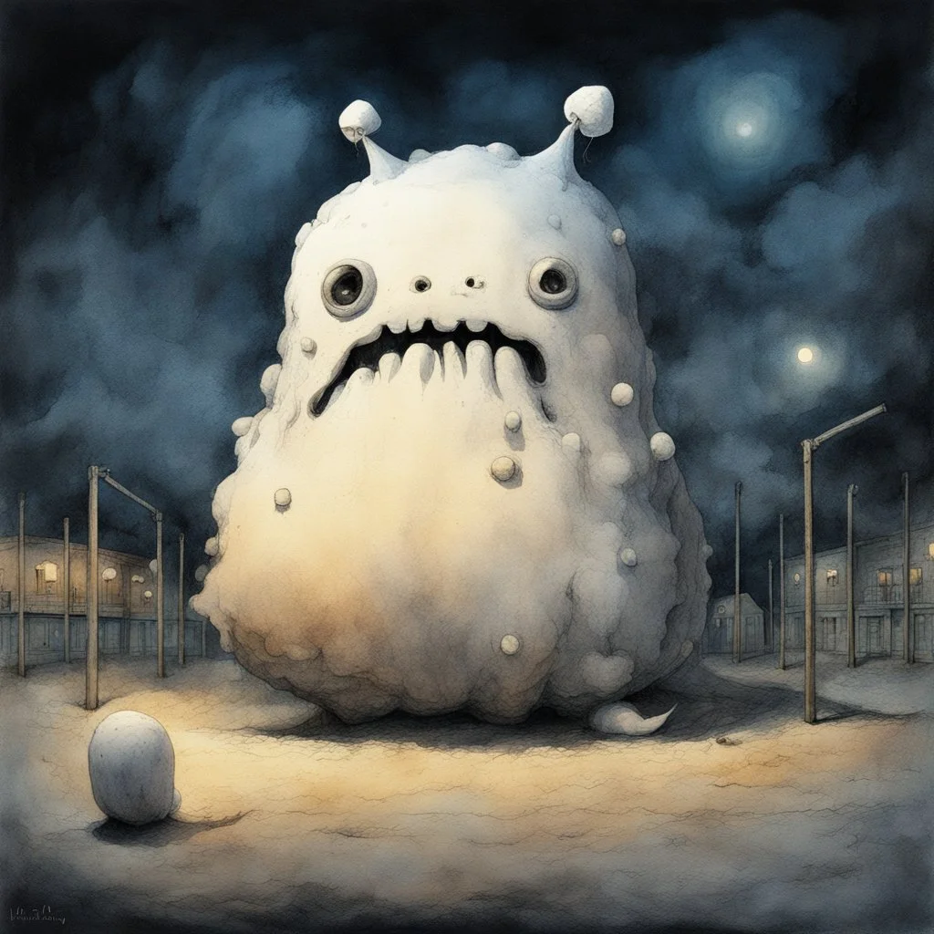 Dramatic watercolor and ink illustration, gigantic puffy fat marshmallow creature sitting in an empty school playground at night caught in the ambient streetlight, Lovecraftian creature made of marshmallows with frustrated confused look on face, sinister whimsey, oddball masterpiece, sfumato, Gallows humor, complex contrast, dynamic composition, by zdzislaw beksinski