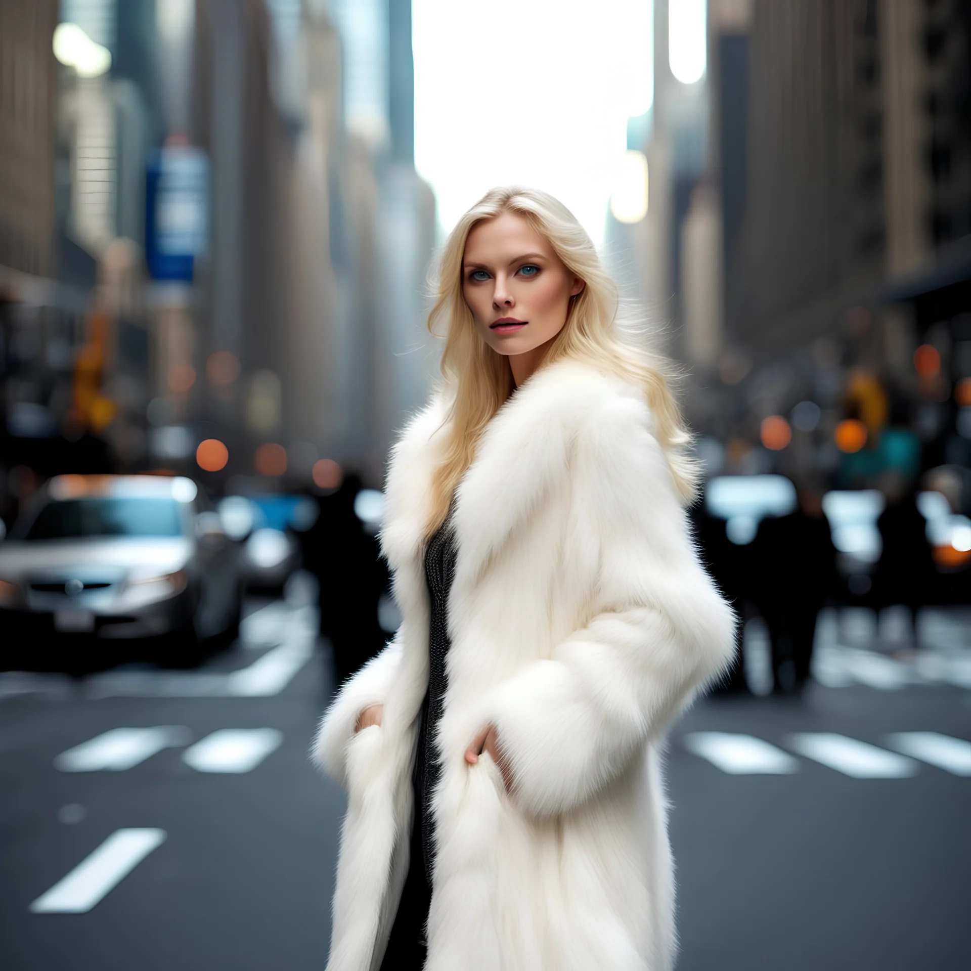 Super model blond eurasian woman with blue eyes wearing ja white fur coat in a street of new-york, ultra realistic HD photo