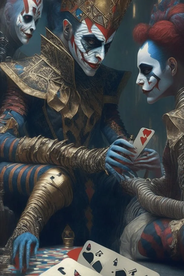 A harlequin character, playing cards with other people , sf, intricate artwork masterpiece, ominous, matte painting movie poster, golden ratio, trending on cgsociety, intricate, epic, trending on artstation, by artgerm, h. r. giger and beksinski, highly detailed, vibrant, production cinematic character render, ultra high quality model