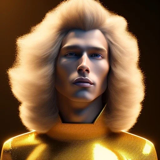 beautiful cosmic golden male, long hair, nice smiling, delicate colors, beautiful glamour galactic golden dress, ultra sharp focus, 8k, unreal engine 5, extremely sharp detail, light effect, soft light atmosphere of a spaceship, smooth, full of details, face in front, complete vision of face and body