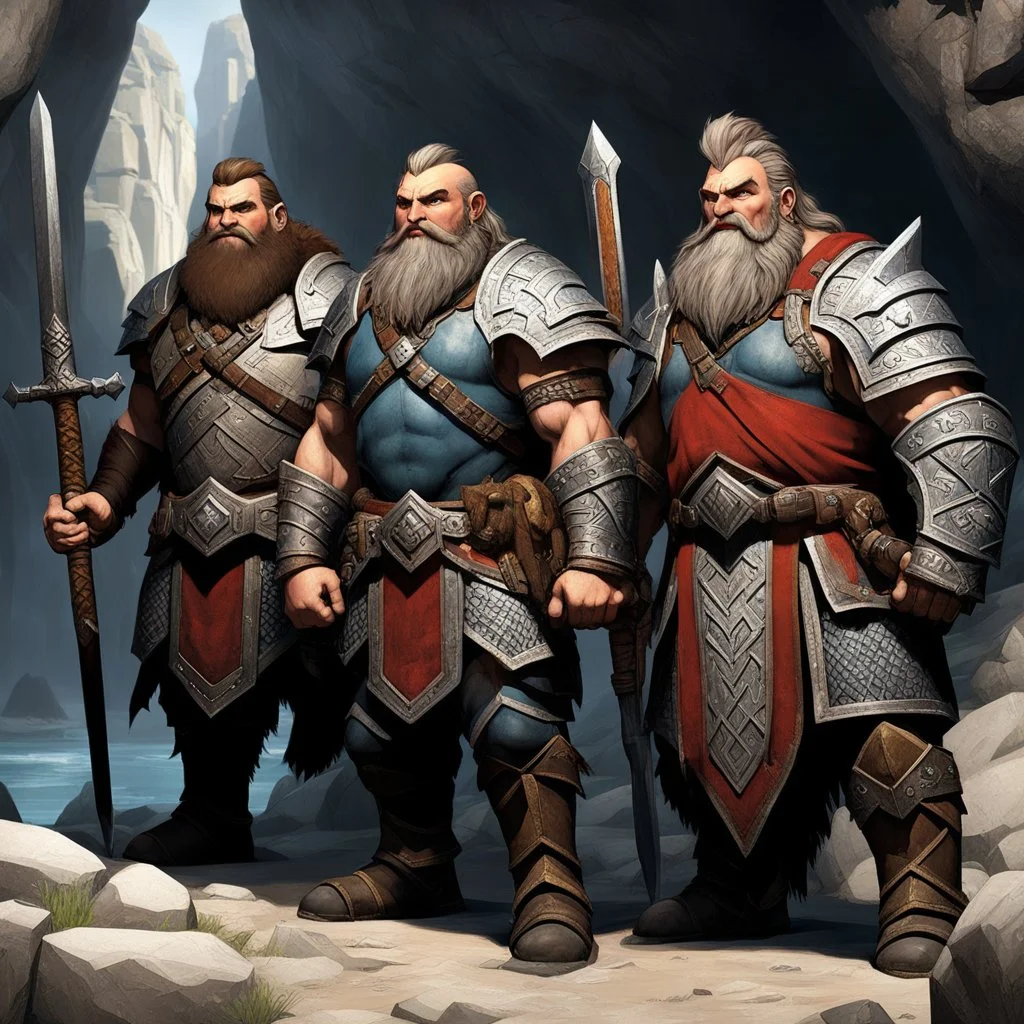 The sturdy Dwarves in front of the cave, with their characteristic proud, stout physiques, wear ornate, battle-worn armor adorned with bold, geometric patterns, and wield mighty axes, hammers, and swords. Their facial features are strong, with prominent beards, bushy eyebrows, and piercing, gemstone-like eyes. We Were Born Ready
