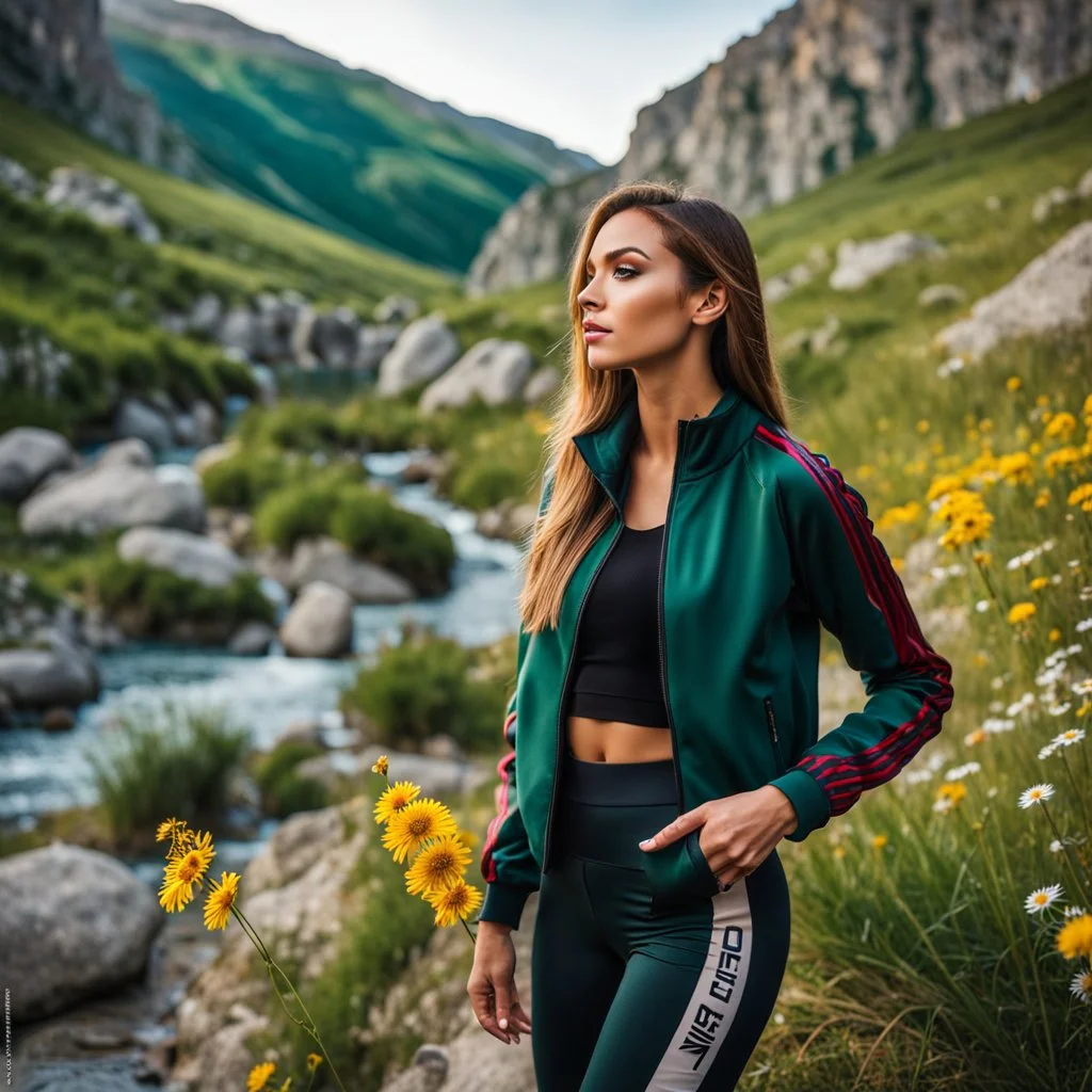 portrate shot of young-beautiful-girl-with-a-perfect-face-with-make-up-wearing- sport pants and jacket standing ,geen hills ,nice nature environment ,wild flowers,clean water river with colorfull rocks in floor