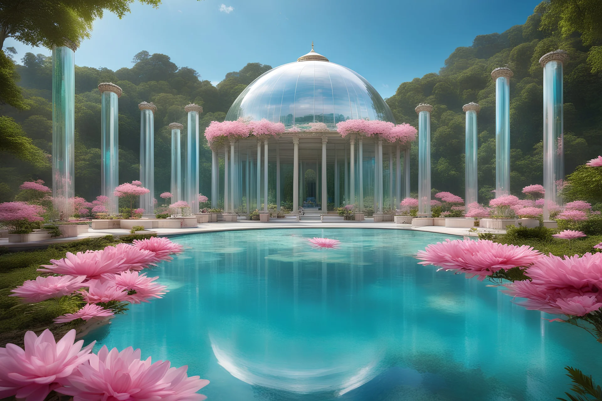 En premier plan des colonnes en verre transparentes irisées d'un temple moderne avec un toit en forme de dôme à facettes en verre irisé, en premier plan des bassins naturels d'eau turquoise, des fontaines délicates , des cascades, sur les cotés des les fleurs roses et blanches, au loin des collines boisées d'un vert lumineux , le ciel est bleu intense . beaucoup de détails Ambiance féerique et magique. Haute définition 8K .t. couleurs très lumineuses