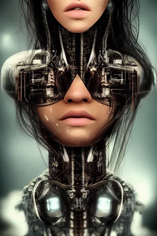 wonderfull portrait, shakira face, half face robot rust, long black hair, intricate, sci-fi, cyberpunk, future,