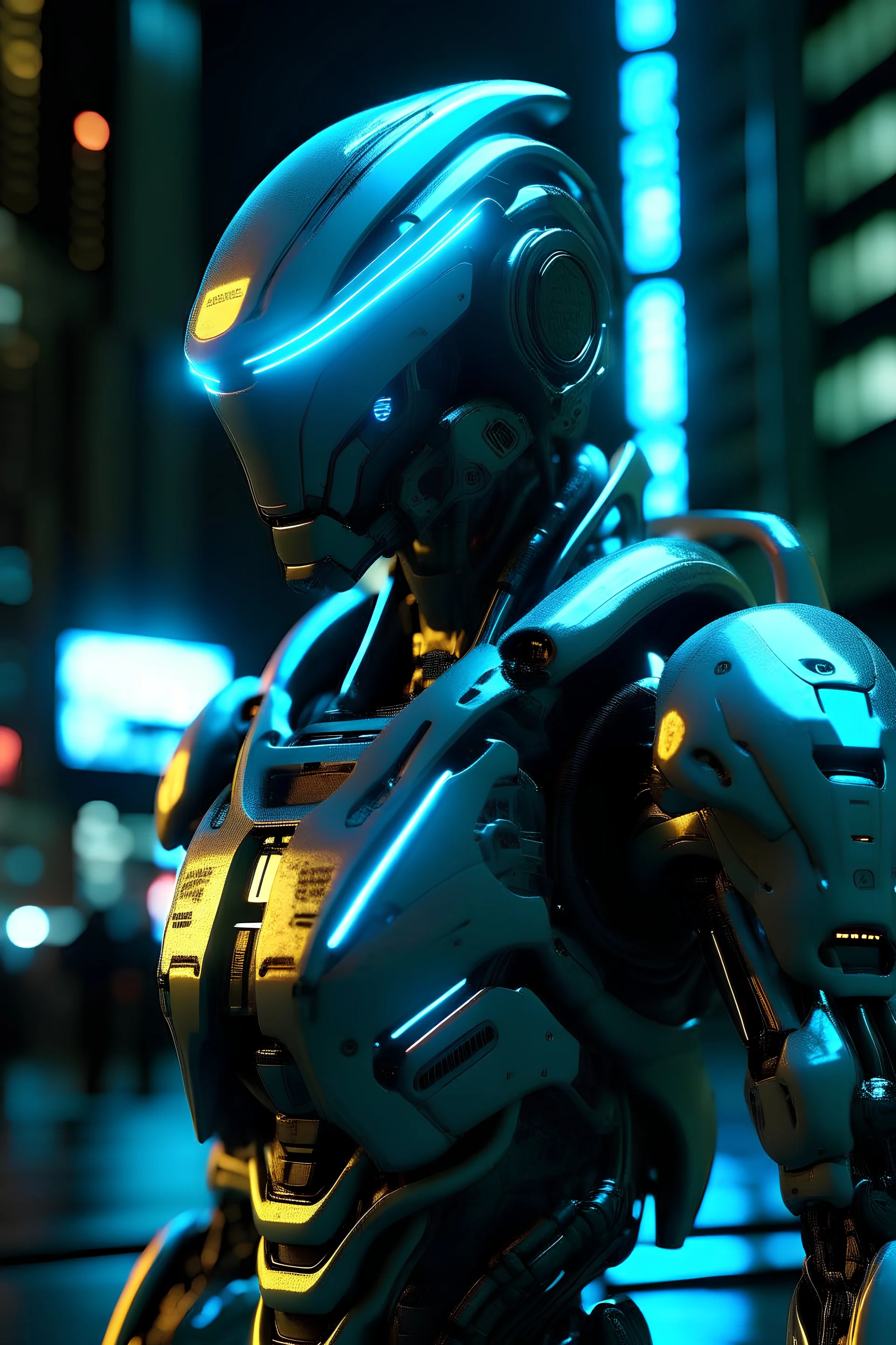 Future robot, the mechanical body made by C4D, with details and light and shadow effects rendered by OC renderer, the background is the night scene of the future city--ar 3:4 cyberpunk, warframe, invisible, armor, neon lights, character design, hard surface , smooth, detailed face, highly detailed, intricate detail, symmetry, volumetric lighting, ambient light, realtime, vfx, digital 3d, uhd, hdr