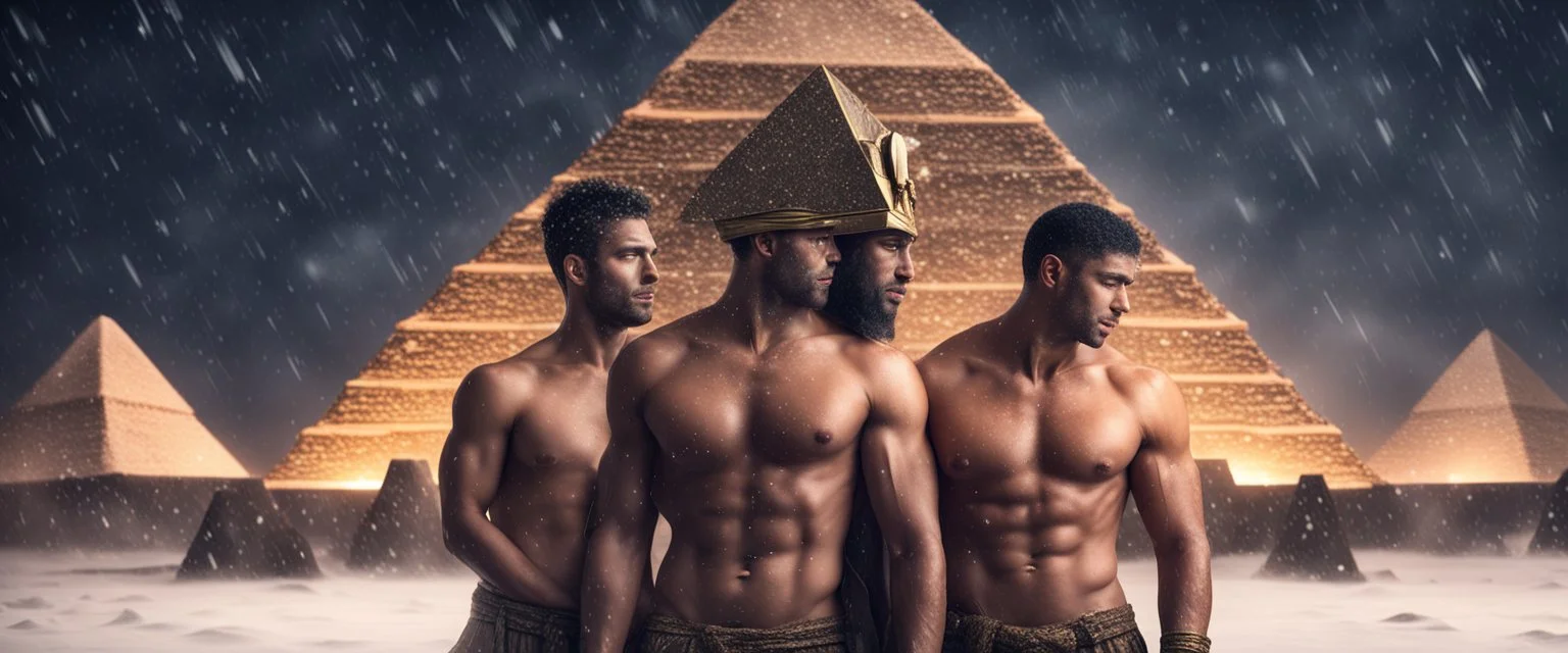 Hyper realistic shirtless muscular handsome male pharaohs hugging & a pyramid behind at snowfall night