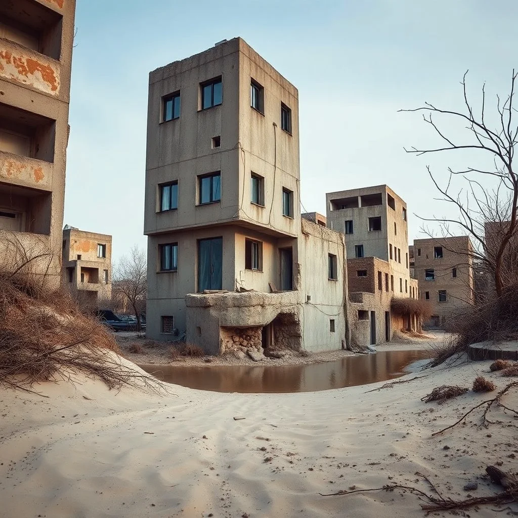 Fotografia di una strada di città modernoabrutalista, che sembra un tugurio, parzialmente sommersa. La struttura è erosa e inglobata dal paesaggio naturale, come se il tempo o l'ambiente avessero iniziato a "riassorbirla". No. L'atmosfera è desolata e surreale, con un ambiente circostante spoglio e sabbioso hasselblad h6d400c --ar 85:128 --v 6.0