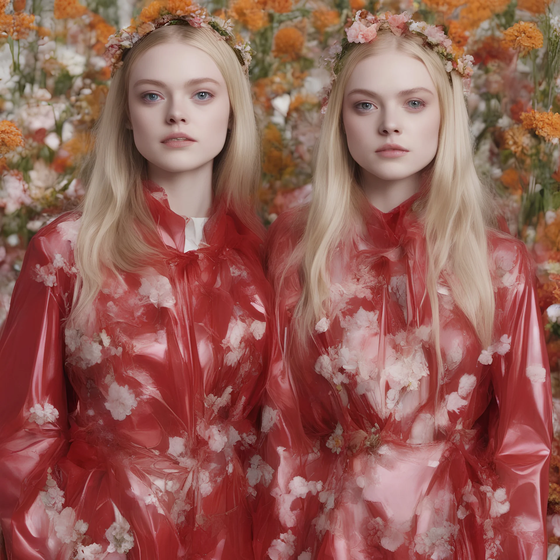 Elle fanning and dakota fanning , as flowers, red shiny plastic coats