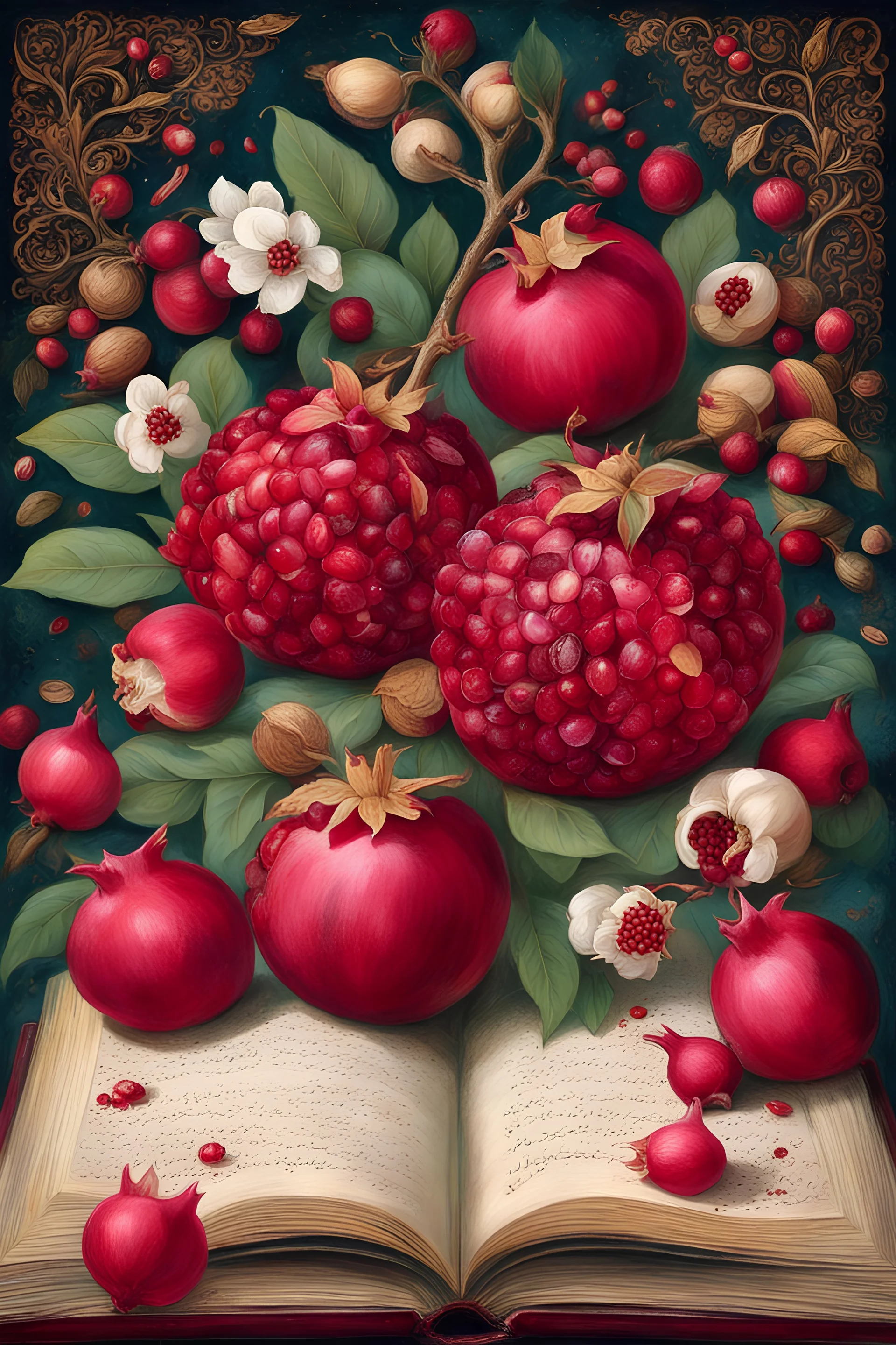 Blooming pomegranate, nuts, Yalda night, Hafez book, Iranian culture