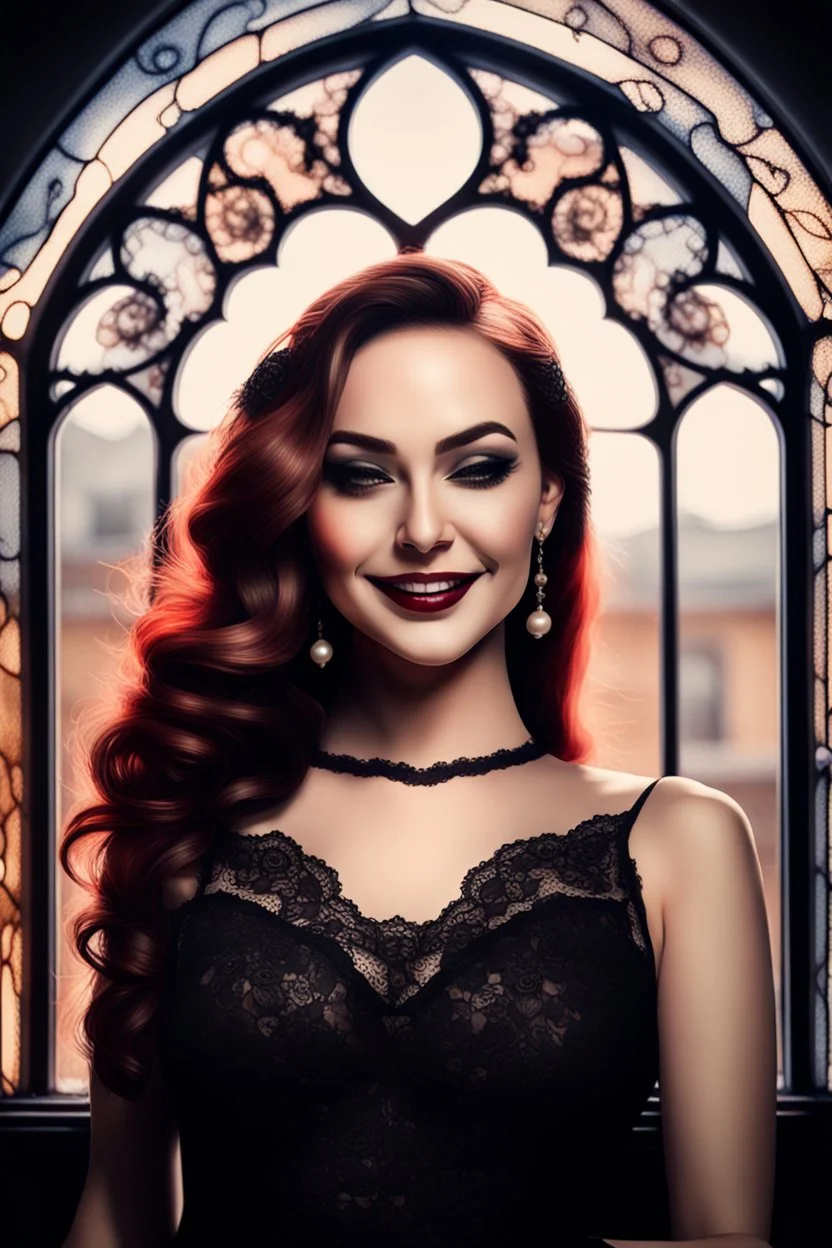 A beautiful woman smiling in front of a watercolor drawing gothic window, black lace, pearls, black roses, on a black background, Trending on Artstation ::{creative commons}:: I:: Color Grading:: Filmic, Nikon D750, Brenizer Method, Perspective, Depth of Field, F/2.8, Lens Flare, Tonal Colors, 8K, Full-HD, ProPhoto RGB, Perfectionism, Rim Lighting, Natural Lighting, Soft Lig, a pretty woman non front of it