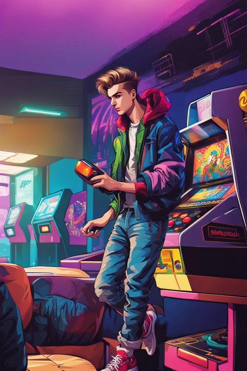 a millineal teenage boy is playing video arcade games, bright colored clothes from the 90s, hairstyles of that time, comic style