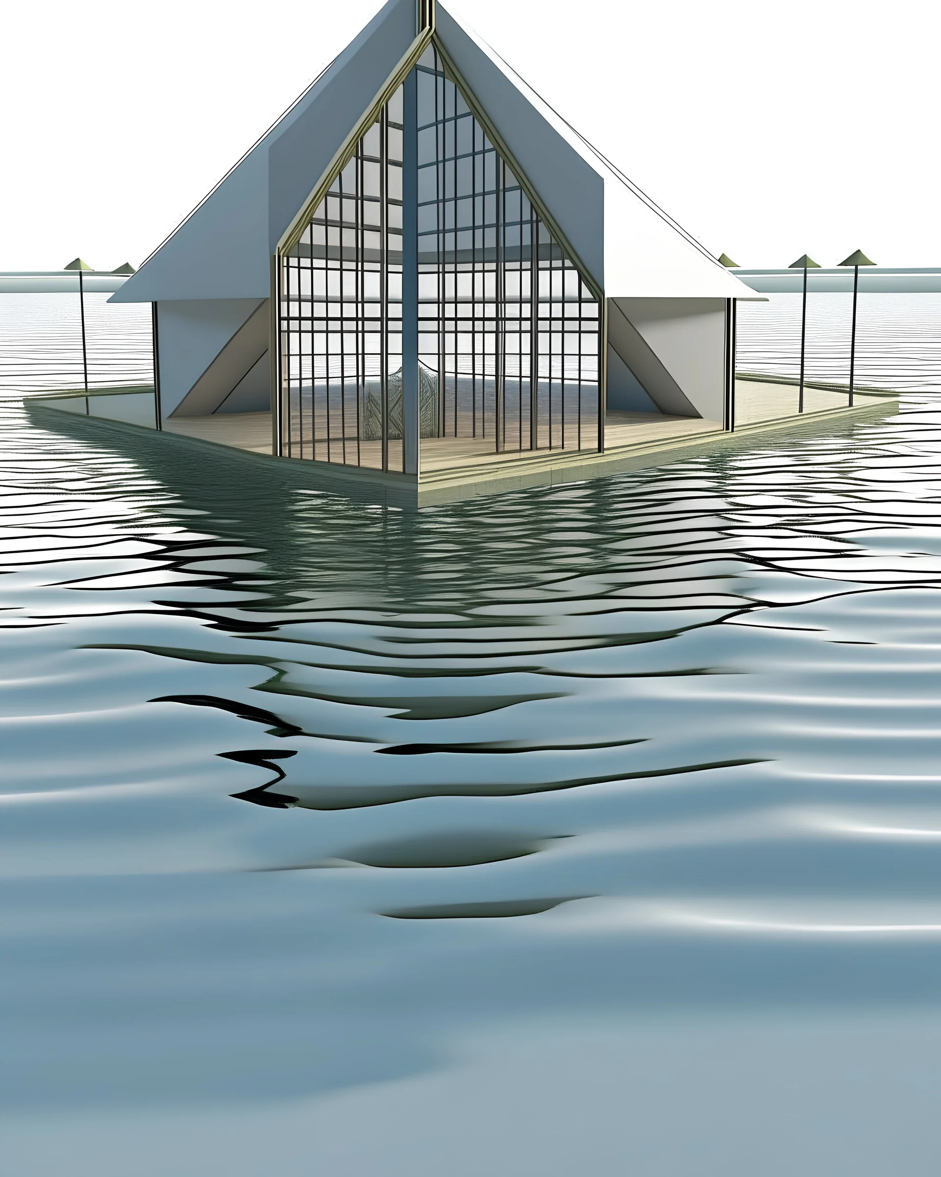 restaurant placed in a lake, the center corridor is submerged in water, realistic, modern style