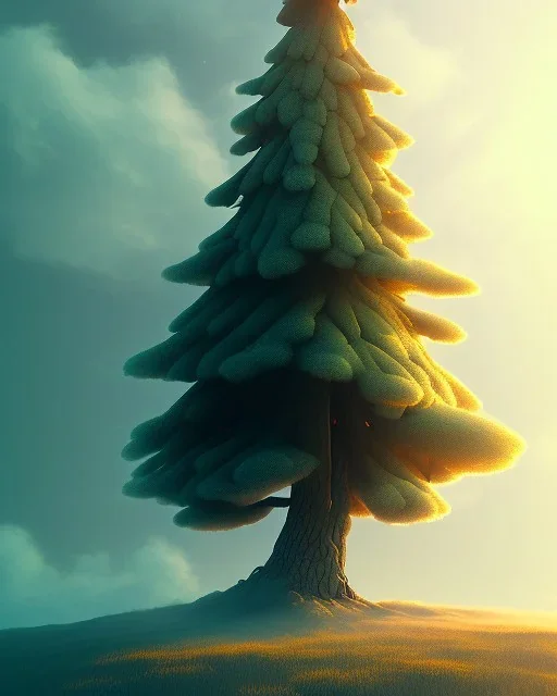 Pine tree with a tall hat above the cloud