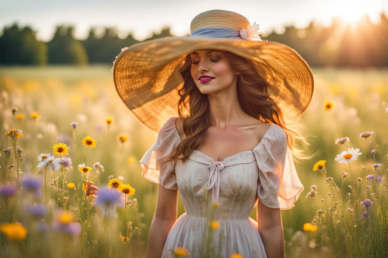 ohot from a young woman, elegantly adorned in a big summer hat and a summer dress stands in the center of a vast field. Her eyes are closed, a gentle smile playing on her lips as she feels the warm embrace of the sunshine and the tender kiss of a soft summer breeze. The meadow is a canvas of harmony with a dazzling array of wildflowers that dance and sway in the little wind. The blue sky and sunshine, high reality, detalied, photoreal, stunning