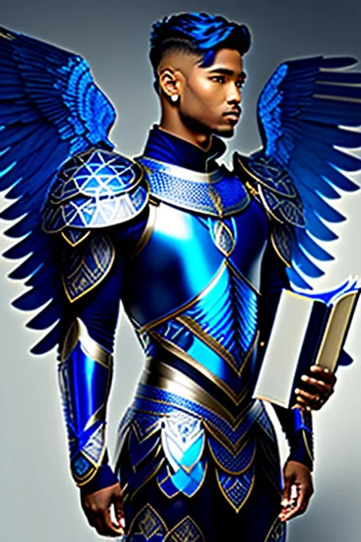 a human male with blue short hair and blue wings in an assymetrical armor with geometric patterns and a book in hand