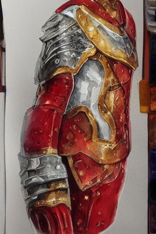 dnd, fantasy, watercolour, illustration, portrait, red phantom, knight, red plate armour, all red, transparent, veins of golden light in the armour