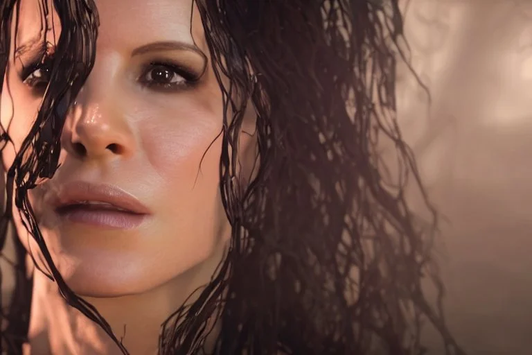 Portrait of Kate Beckinsale as Yennefer the Sorceress, looking into an enchanted gazing crystal, HD 4K, photo-realistic accurate face and features, award winning photography, unreal engine, cinematic lighting