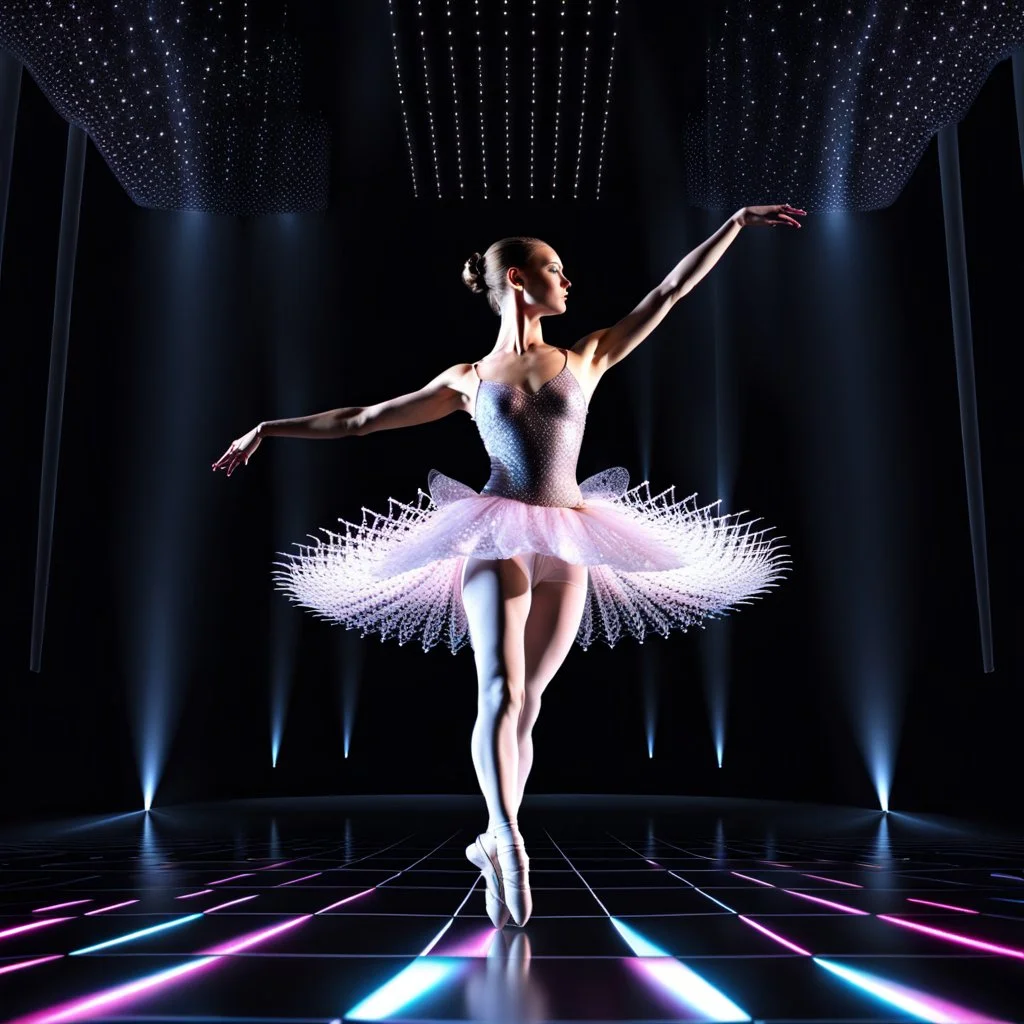 mocap graphic: balerina in a recursive 3d fractal stage with disco lights