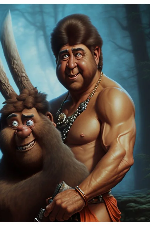 4k ultra-hd, hyper realistic, cinema lighting, fantasy art, in the style of Frank Frazetta -- Fred Flintstone wearing a short-sleeve, orange and black spotted, full body loincloth handsome, fair skin, black hair, thick eyebrows, large nose. broad shoulders, massive arms, , caveman dwelling background--