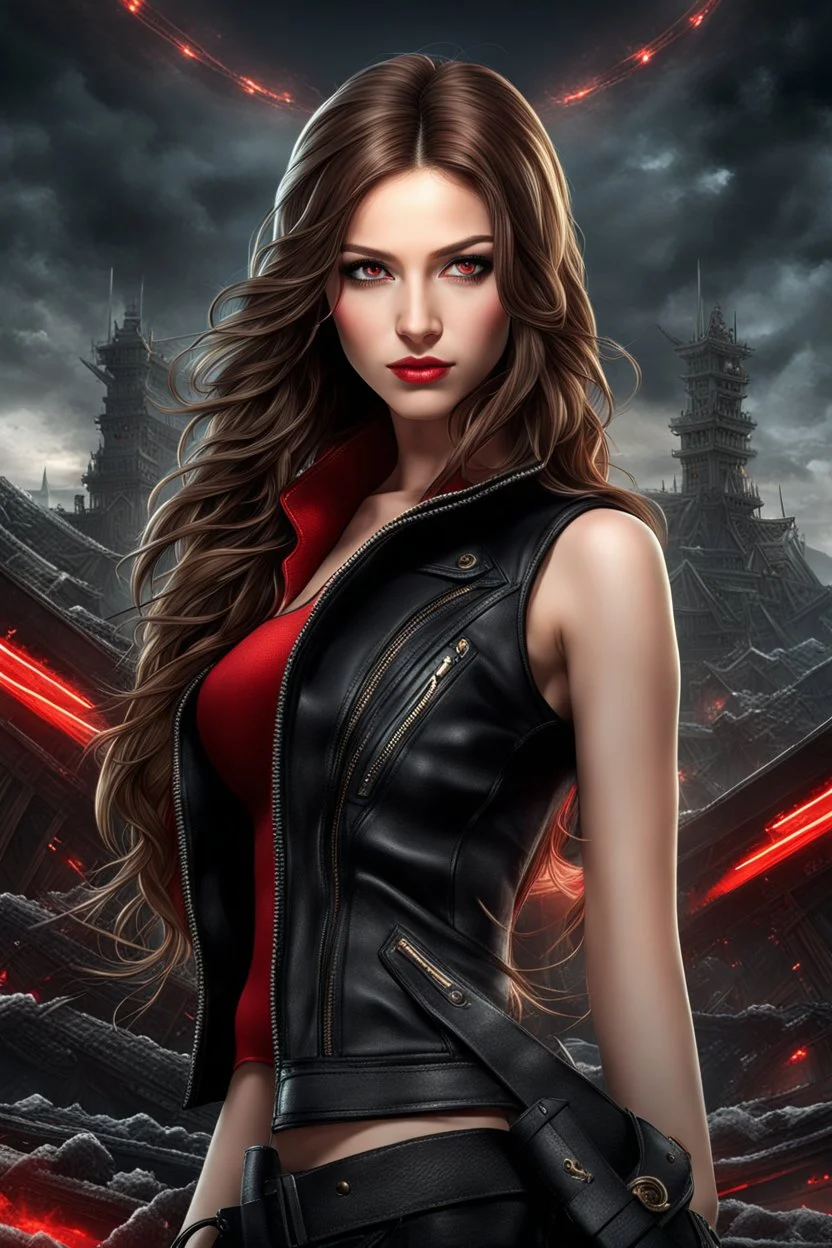 Young woman with long brown hair and red eyes, smirking, confident, a little evil looking, apocalyptic background, high quality, highly detailed, wearing black leather, 8k resolution, anime, digital art