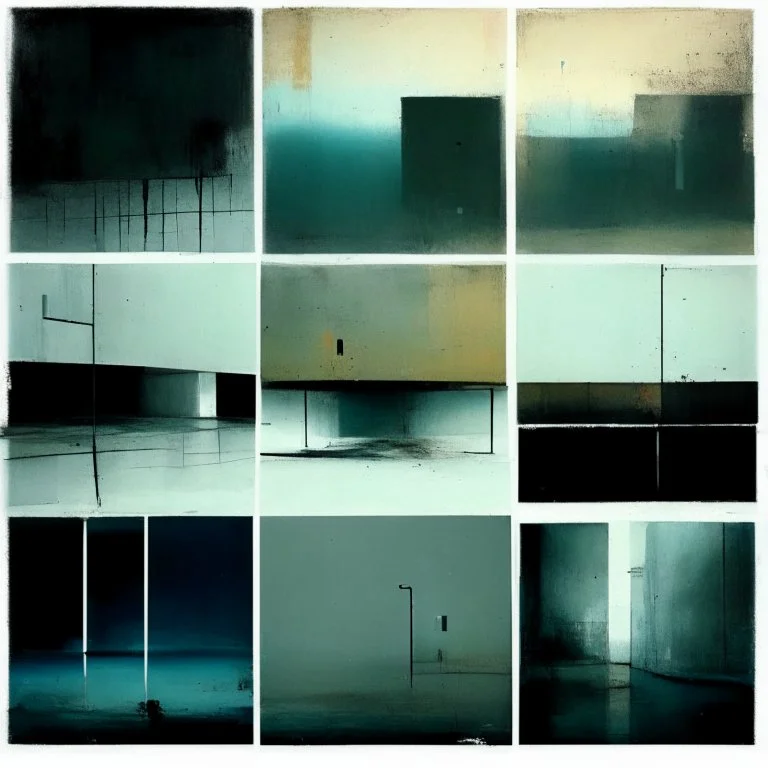 Minimal abstract oil paintings of a desolate 1960s carpark. Illuminated by a spotlights. On the floor are concrete fragments and road markings . In the dark mysterious style of Justin Mortimer and Francis Bacon.