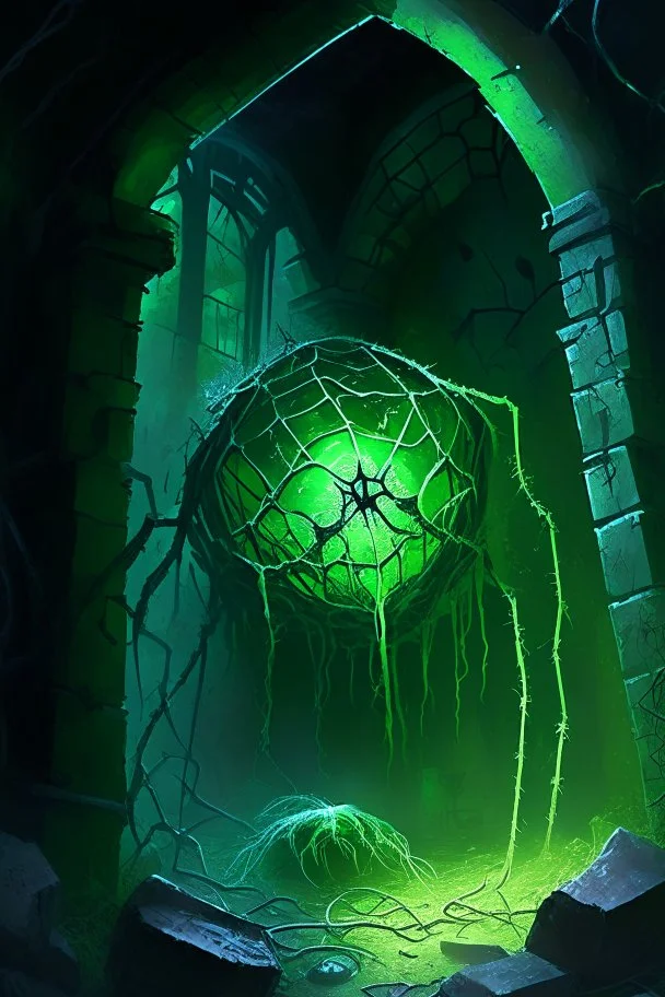 Abandoned spider lair with green glowing eggs and tangled webs in ruined castle rpg art painterly