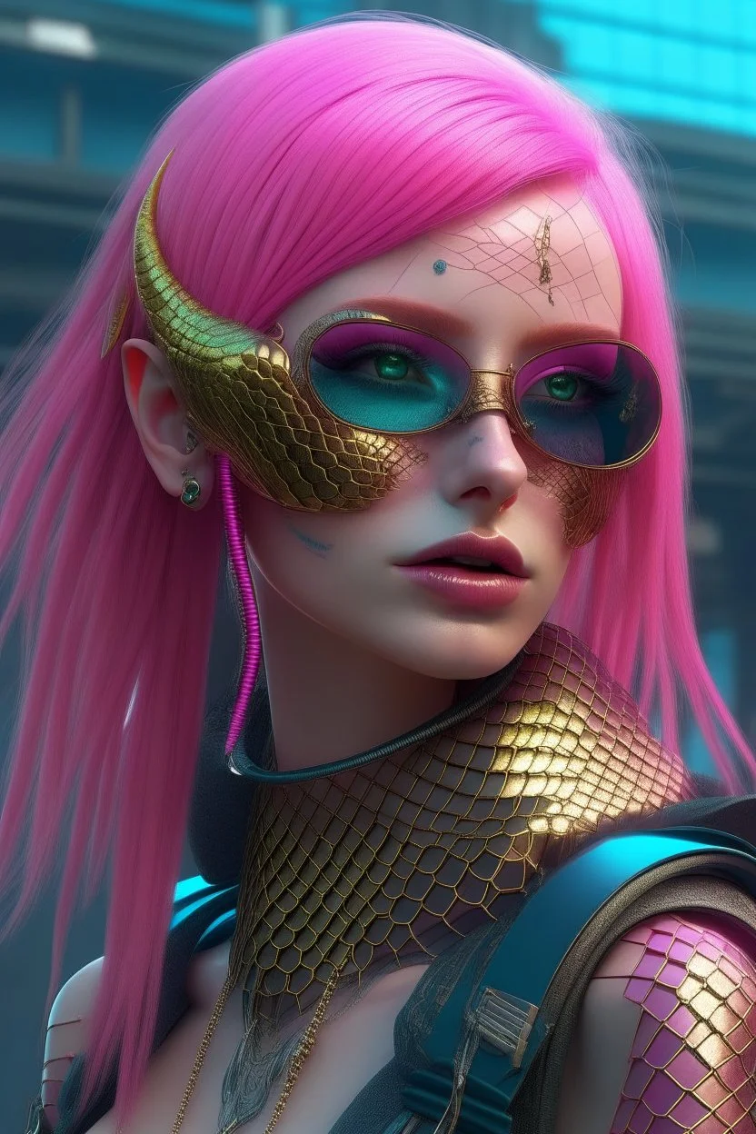 mermaid cyberpunk some scales on face pink hair sunglasses