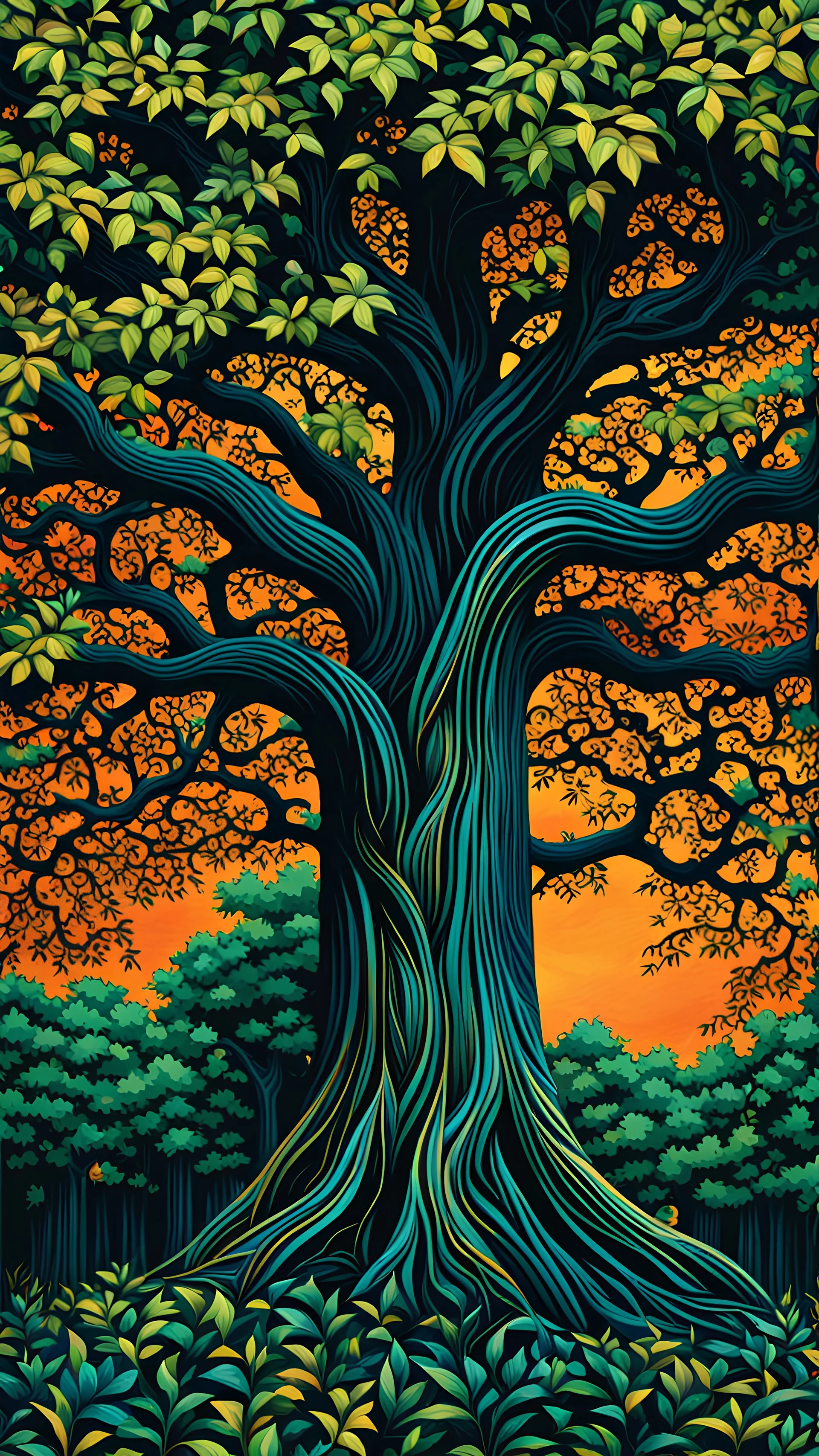 Árbol frondoso, alto, arte lineal, calidad ultra hiperdetallado, colores contrastantes, maximalista, 64k