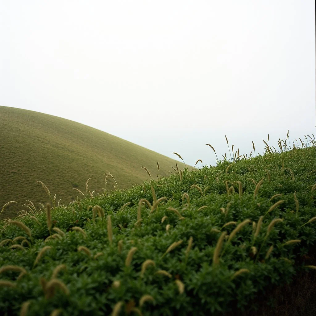 Lonely hill, hedge, horizon, endless spaces beyond that, superhuman silences, profound stillness, the wind I hear rustling among these plants, infinite silence, shot on Hasselblad, movie shot, Kodak Ektachrome E100 135-36