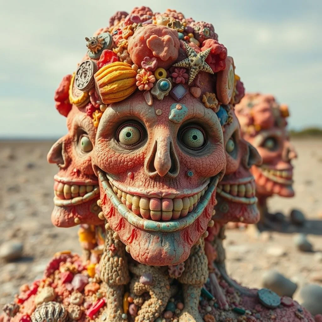 Close-up photograph of detailed composition made of huge smiles, figures, isolated in a wasteland, made of crystallizations, molti sorrisi falsi, many colours, crystallizations, crystals, spooky, hyperrealistic, mineral concretions, Audubon, strong texture, extreme detail, intricate, colours, Max Ernst style