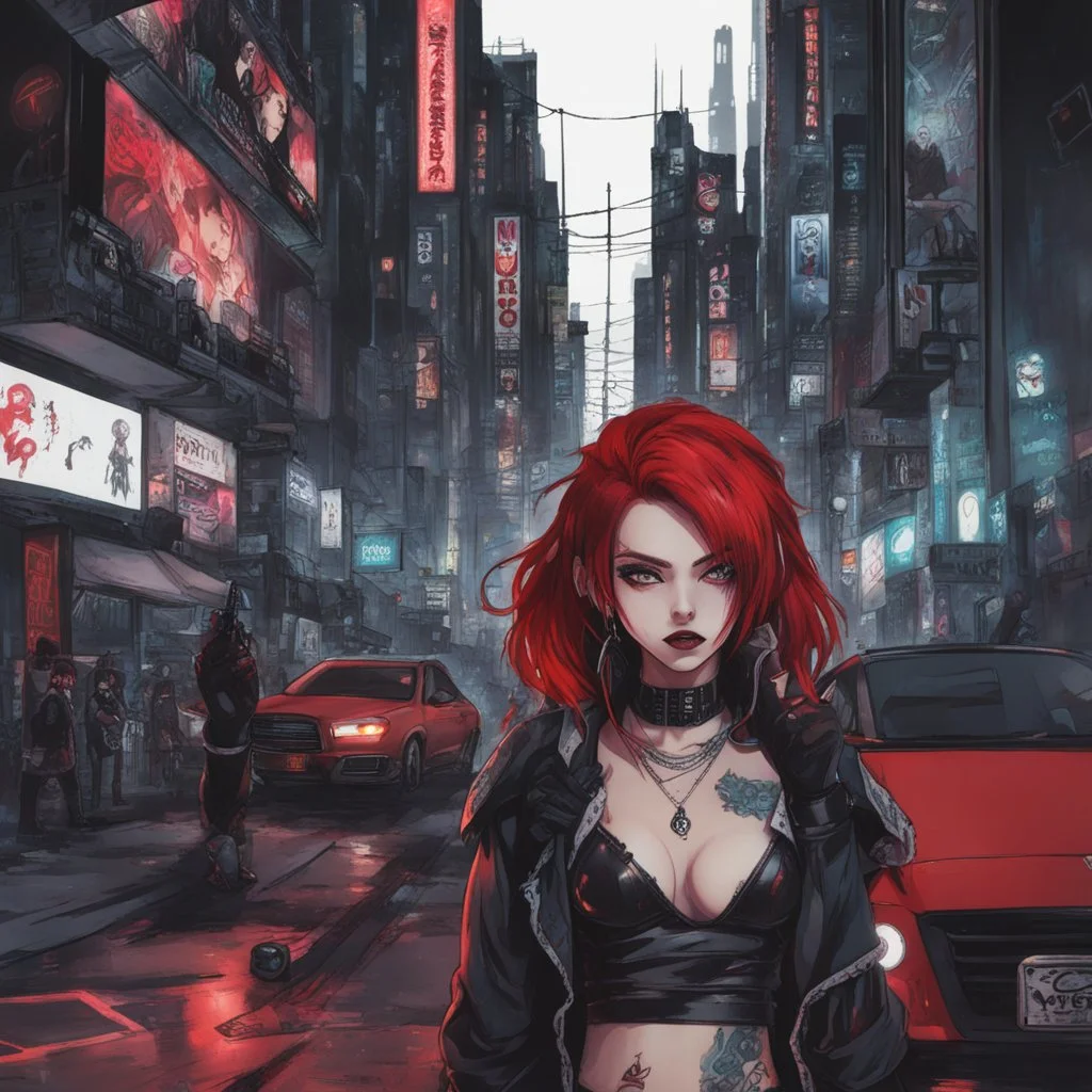 Darksynth,horror,Judy Alvarez,anime cyberpunk girl, eye shadows, arasuka, cyberpunk night city, piercing, gang tatto, red hair