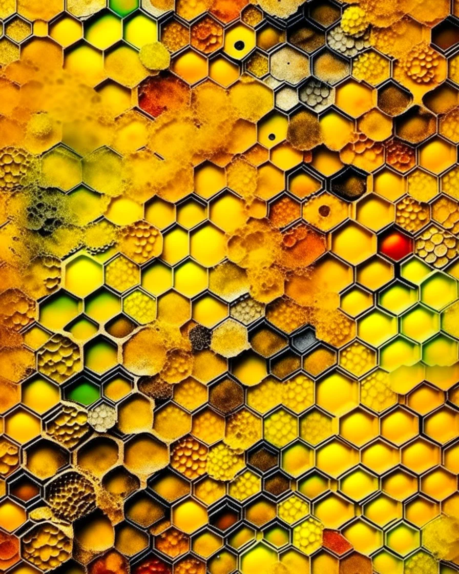 honeycombs of different colors and different sizes, yellow grunge background behind