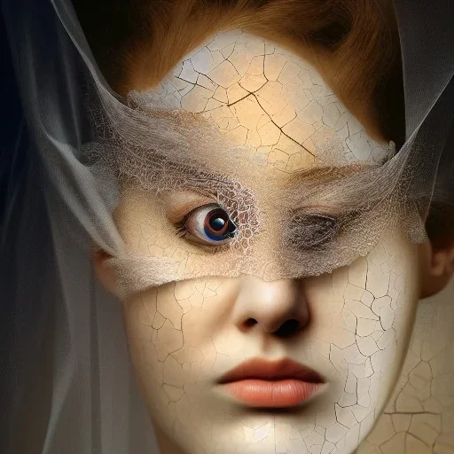 broken, cracked-open woman's face, fine detail, highly intricate, wearing bridal veil, modern surrealism painting, identity crisis, high-quality, volumetric lighting, 8k, ultrahd, George Grie, Marco Escobedo, Igor Morski