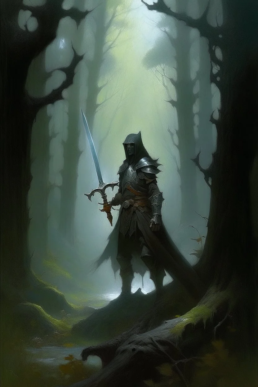 1970's dark fantasy cover dnd style oil painting of a sword hero with black outfit in the Wood mist with minimalist far perspective.