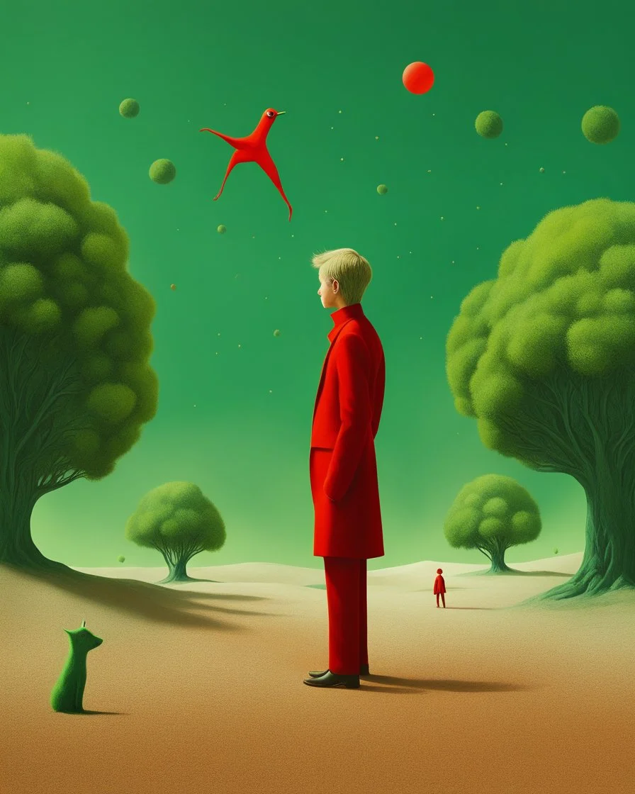 The little prince, real art. Surrealism in the style of green and red, Alex Andreev, organic biomorphism, Rene Magritte style, Sandy Skoglund style, the combination of real and surreal person