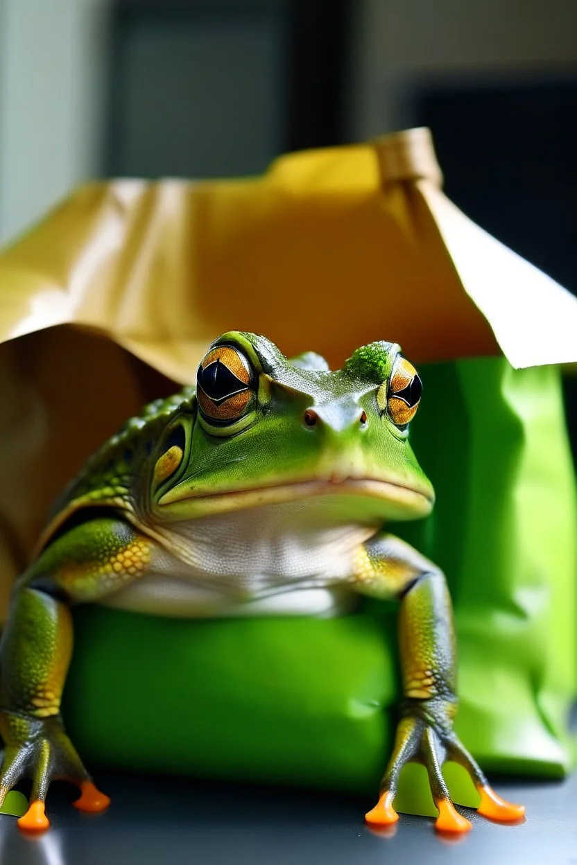 a frog wearing an ikea bag