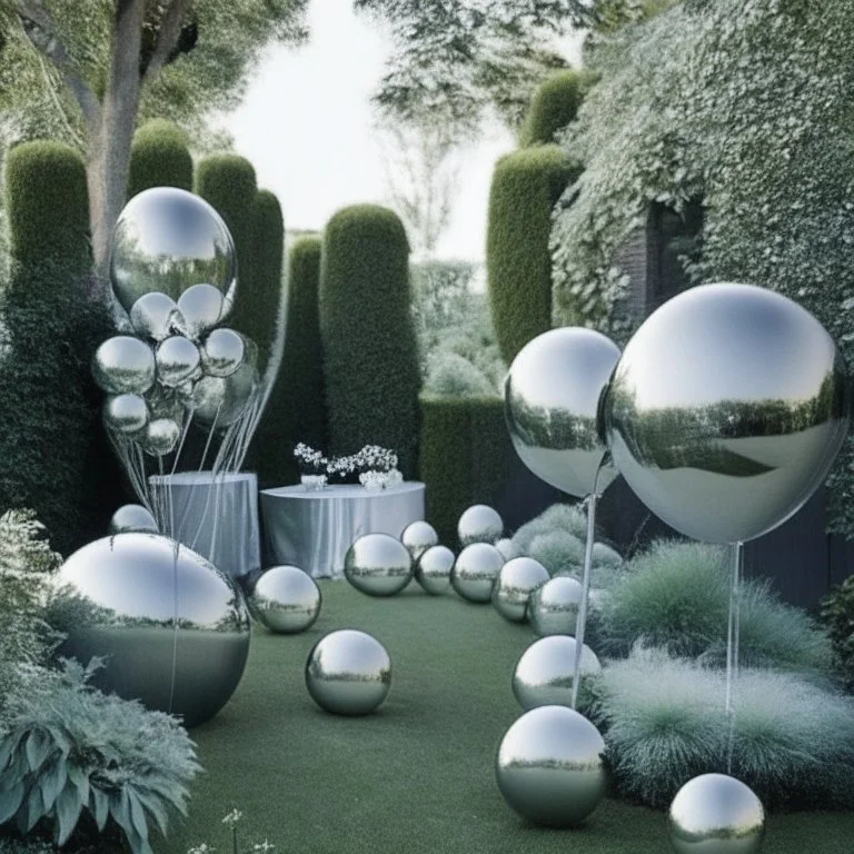 A picture of a modern garden with silver balloons and other party decoration