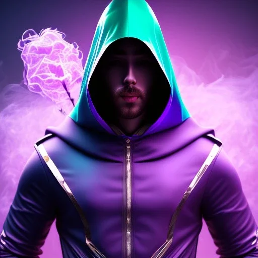 purple galaxy masked hooded super villain, weapons in hands, teal and purple smoke, full portrait, hyper realistic, 4k