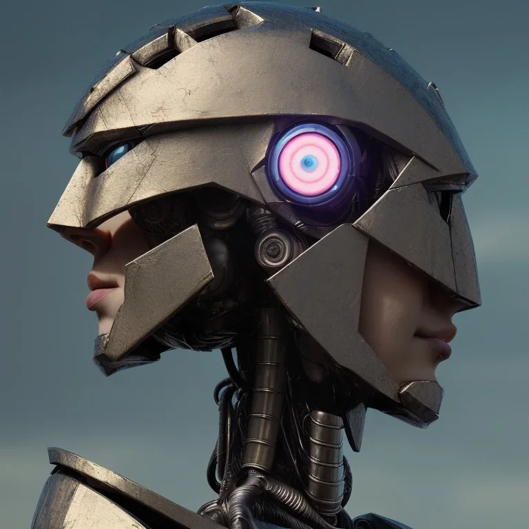 Robot cute profile head portrait, warrior costume, village, meditation, 8k quality